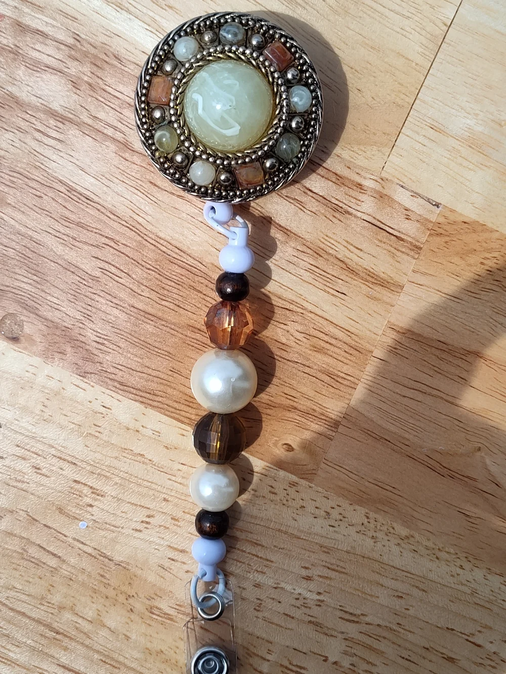 ID Vintage Brooch Beaded Retractable Badge Reel in Cream, Brown and Gold